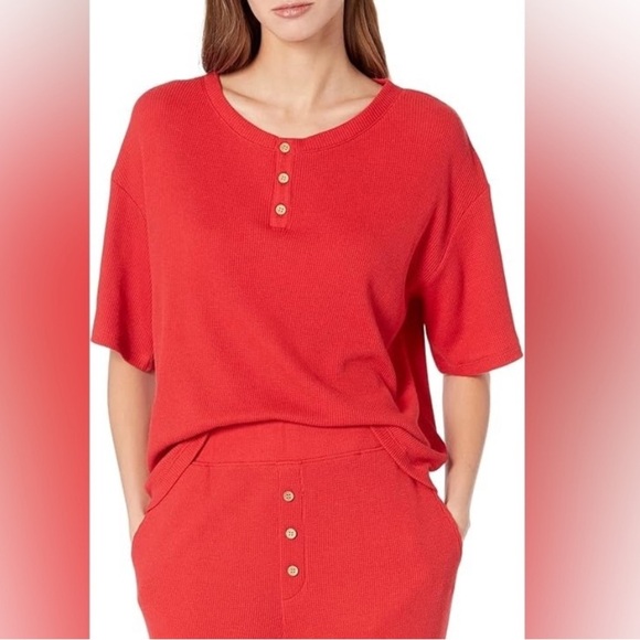 Eberjey Red Henley Short Sleeve Pajama Shirt - Picture 1 of 6